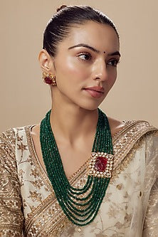Gold Finish Kundan Polki & Green Beaded Layered Necklace Set