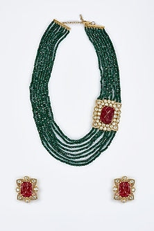 Gold Finish Kundan Polki & Green Beaded Layered Necklace Set