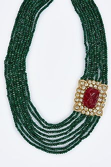 Gold Finish Kundan Polki & Green Beaded Layered Necklace Set