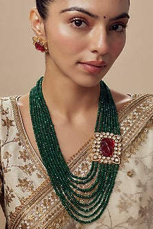 Gold Finish Kundan Polki & Green Beaded Layered Necklace Set