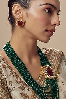Gold Finish Kundan Polki & Green Beaded Layered Necklace Set