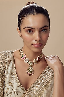 Gold Finish Kundan Polki & Multi-Colored Beaded Choker Necklace