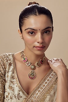 Gold Finish Kundan Polki & Multi-Colored Beaded Choker Necklace