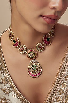 Gold Finish Kundan Polki & Multi-Colored Beaded Choker Necklace