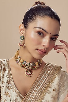 Gold Finish Kundan Polki & Multi-Colored Stone Choker Necklace Set