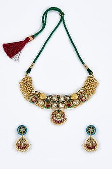Gold Finish Kundan Polki & Multi-Colored Stone Choker Necklace Set