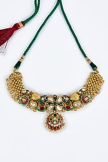 Gold Finish Kundan Polki & Multi-Colored Stone Choker Necklace Set