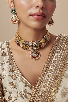 Gold Finish Kundan Polki & Multi-Colored Stone Choker Necklace Set