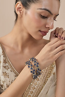 Gold Finish Blue Diamond Beaded Bangles (Set Of 2)