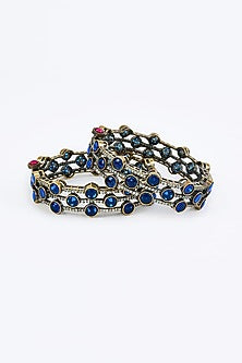 Gold Finish Blue Diamond Beaded Bangles (Set Of 2)