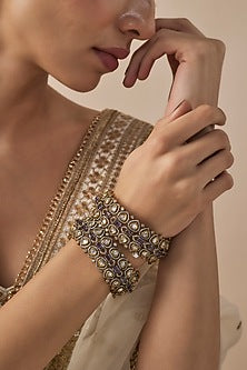 Gold Finish Kundan Polki & Purple Synthetic Stone Bangles (Set Of 2)