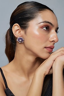 White Finish Zircon & Purple Stone Stud Earrings