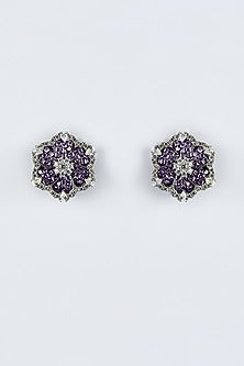 White Finish Zircon & Purple Stone Stud Earrings