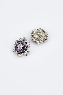 White Finish Zircon & Purple Stone Stud Earrings