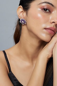 White Finish Zircon & Purple Stone Stud Earrings