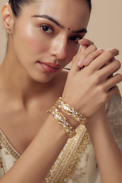 Gold Finish Kundan Polki Bangles (Set Of 2)