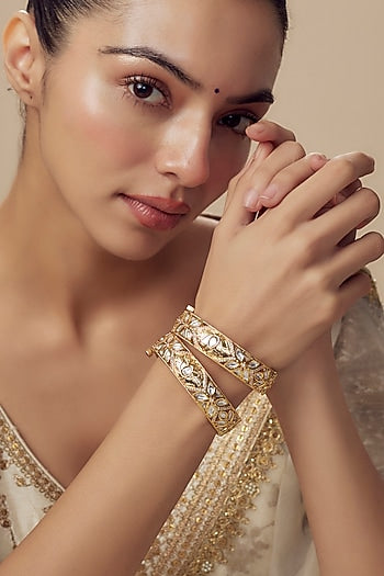 Gold Finish Kundan Polki Bangles (Set Of 2)