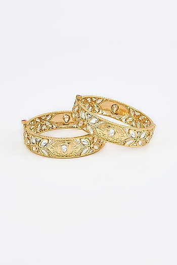 Gold Finish Kundan Polki Bangles (Set Of 2)