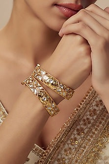 Gold Finish Kundan Polki Bangles (Set Of 2)