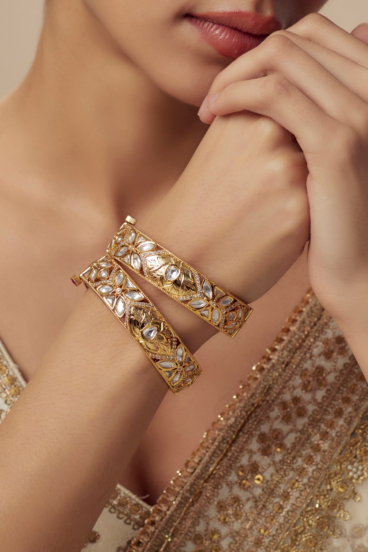 Gold Finish Kundan Polki Bangles (Set Of 2)