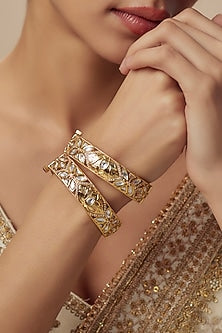 Gold Finish Kundan Polki Bangles (Set Of 2)