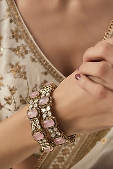 Gold Finish Zircon & Ruby Synthetic Stone Bangles (Set Of 2)