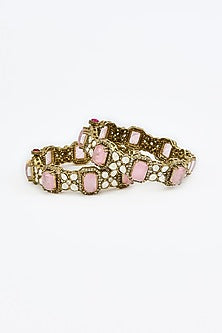 Gold Finish Zircon & Ruby Synthetic Stone Bangles (Set Of 2)