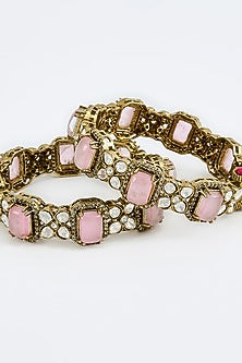 Gold Finish Zircon & Ruby Synthetic Stone Bangles (Set Of 2)