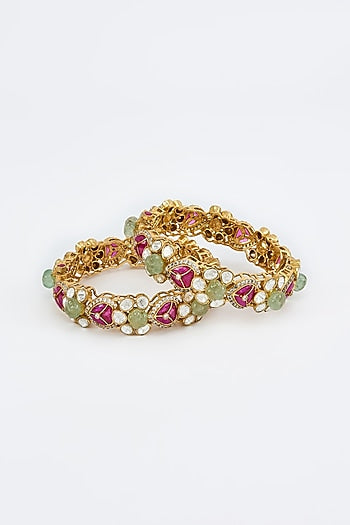 Gold Finish Kundan Polki Bangles (Set Of 2)