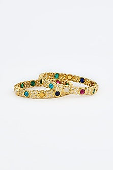 Gold Finish Kundan Polki & Multi-Colored Stone Bangles (Set Of 2)
