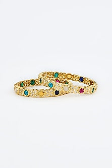 Gold Finish Kundan Polki & Multi-Colored Stone Bangles (Set Of 2)