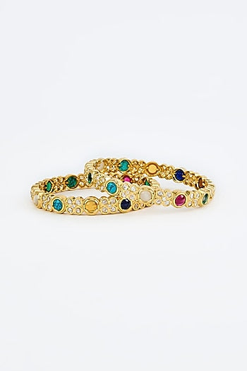 Gold Finish Kundan Polki & Multi-Colored Stone Bangles (Set Of 2)