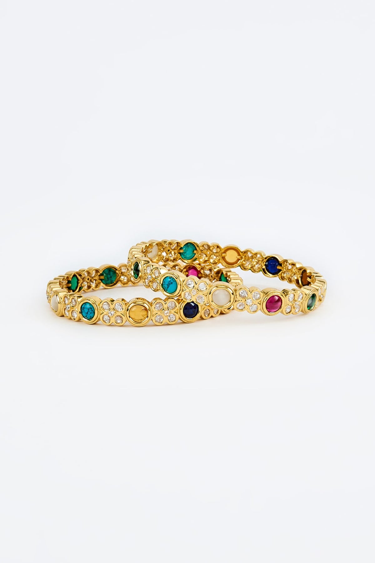 Gold Finish Kundan Polki & Multi-Colored Stone Bangles (Set Of 2)