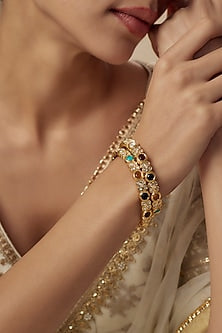Gold Finish Kundan Polki & Multi-Colored Stone Bangles (Set Of 2)