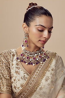 Gold Finish Kundan Polki & Multi-Colored Beaded Choker Necklace Set