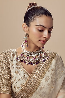 Gold Finish Kundan Polki & Multi-Colored Beaded Choker Necklace Set