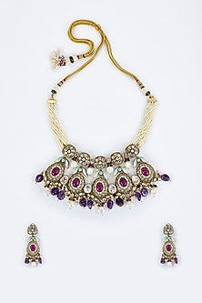 Gold Finish Kundan Polki & Multi-Colored Beaded Choker Necklace Set