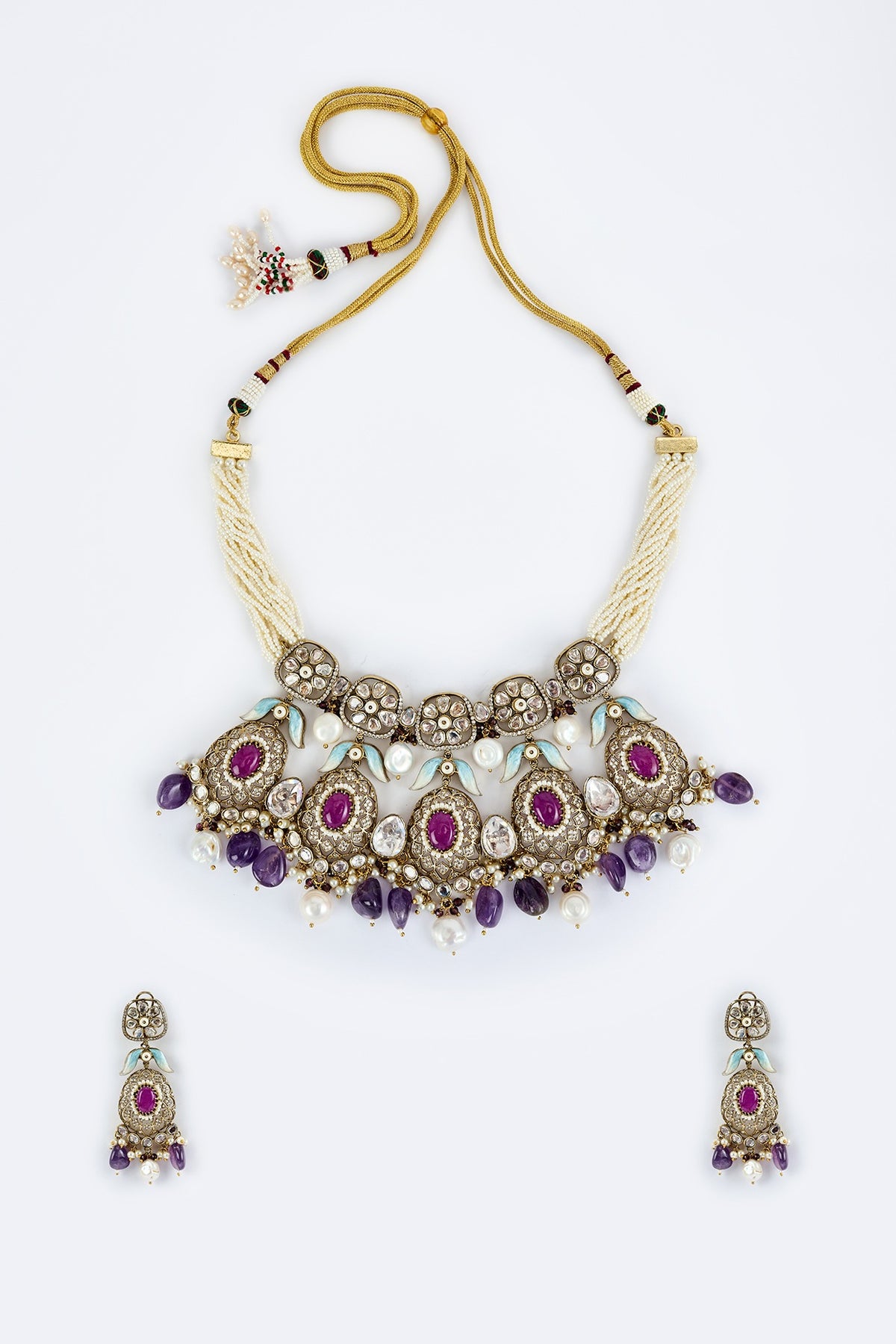 Gold Finish Kundan Polki & Multi-Colored Beaded Choker Necklace Set