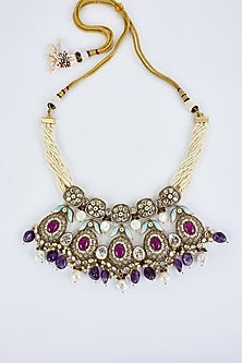 Gold Finish Kundan Polki & Multi-Colored Beaded Choker Necklace Set