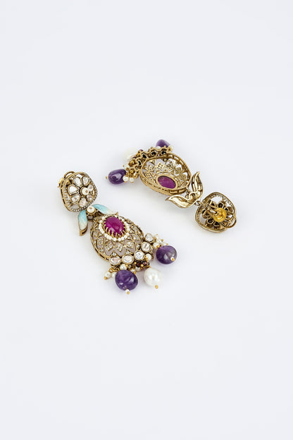 Gold Finish Kundan Polki & Multi-Colored Beaded Choker Necklace Set