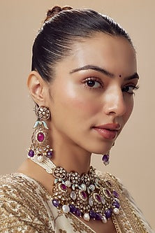 Gold Finish Kundan Polki & Multi-Colored Beaded Choker Necklace Set
