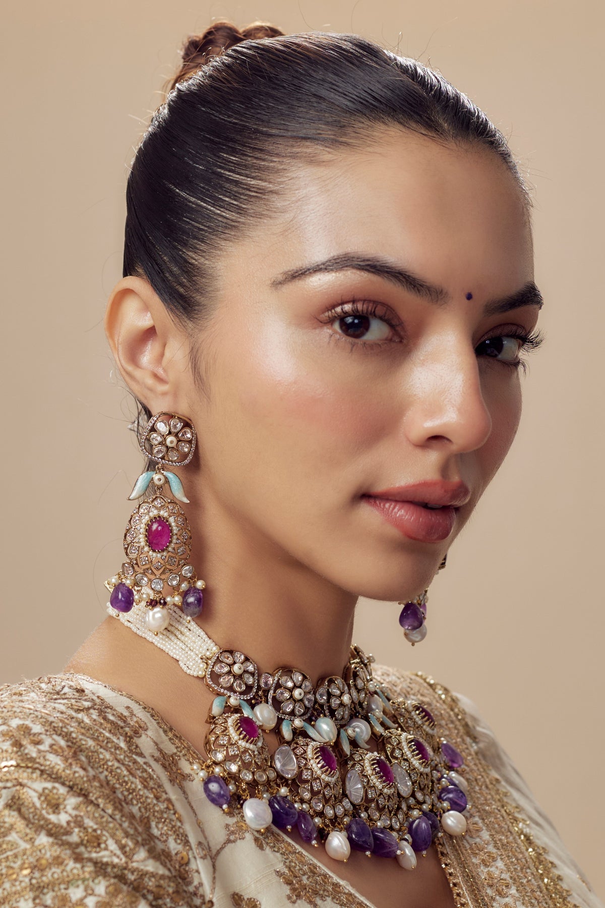 Gold Finish Kundan Polki & Multi-Colored Beaded Choker Necklace Set