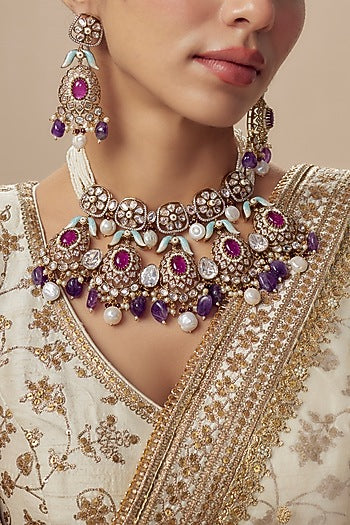 Gold Finish Kundan Polki & Multi-Colored Beaded Choker Necklace Set