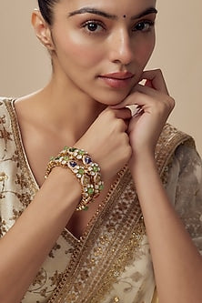 Gold Finish Floral Motifs Kundan Polki Kada (Set Of 2)