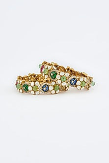 Gold Finish Floral Motifs Kundan Polki Kada (Set Of 2)