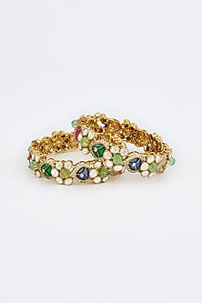 Gold Finish Floral Motifs Kundan Polki Kada (Set Of 2)