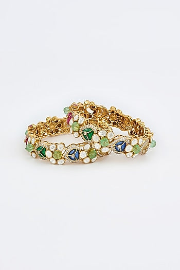 Gold Finish Floral Motifs Kundan Polki Kada (Set Of 2)