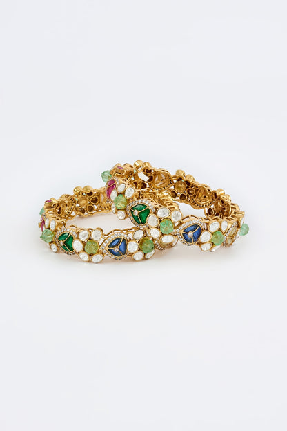 Gold Finish Floral Motifs Kundan Polki Kada (Set Of 2)