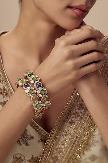 Gold Finish Floral Motifs Kundan Polki Kada (Set Of 2)
