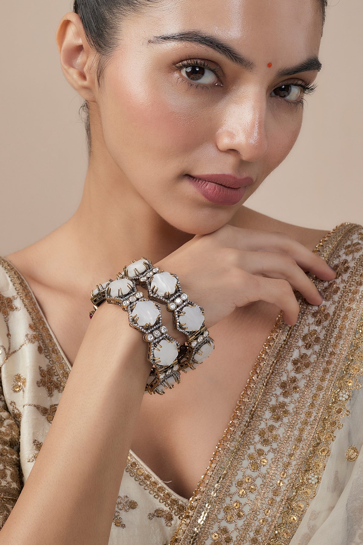 White Finish Zircon Bangles (Set Of 2)